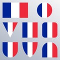 France flag icon set. French flag button or badge in different shapes. Vector illustration. Royalty Free Stock Photo
